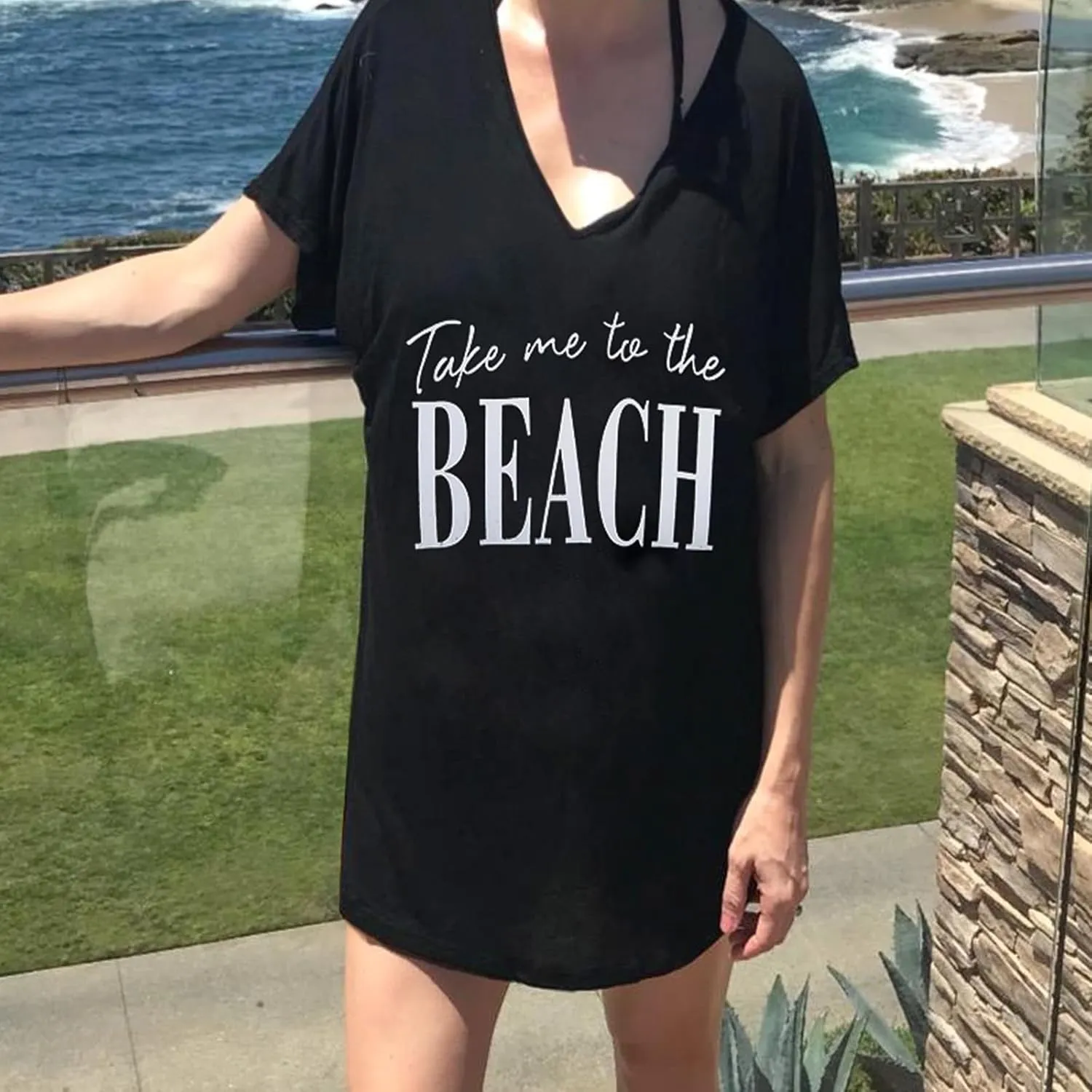 Women Swimsuit Coverup V-Neck Swimwear Bathing Suit Cover Up Cotton T-Shirt Bikini Dress