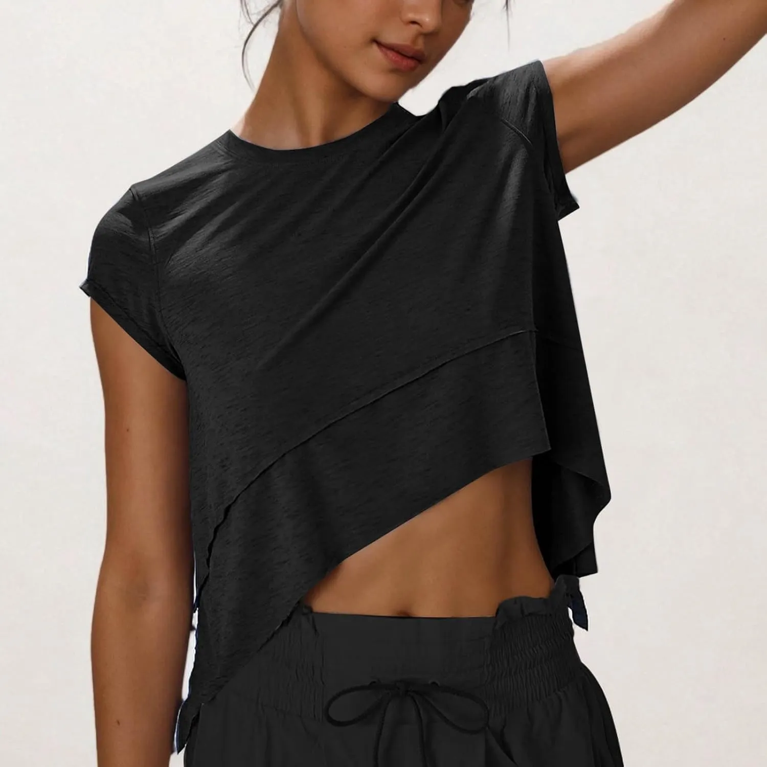 Women's Athletic T-Shirts Fashion Irregular Hem Crewneck Cap Sleeve Cropped Tops Lightweight Breathable Yoga Gym Tees