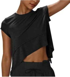 Women's Athletic T-Shirts Fashion Irregular Hem Crewneck Cap Sleeve Cropped Tops Lightweight Breathable Yoga Gym Tees