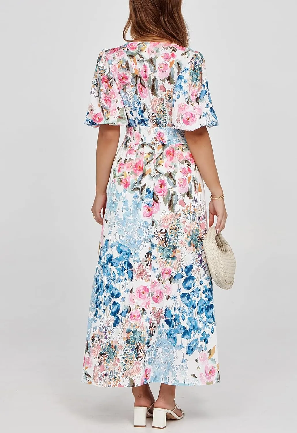 Women's Boho Floral Print Midi Dress Short Sleeve Summer Long Dress