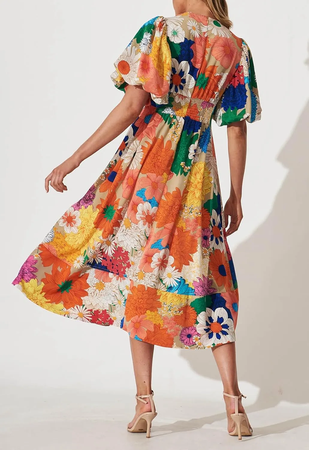 Women's Boho Floral Print Midi Dress Short Sleeve Summer Long Dress