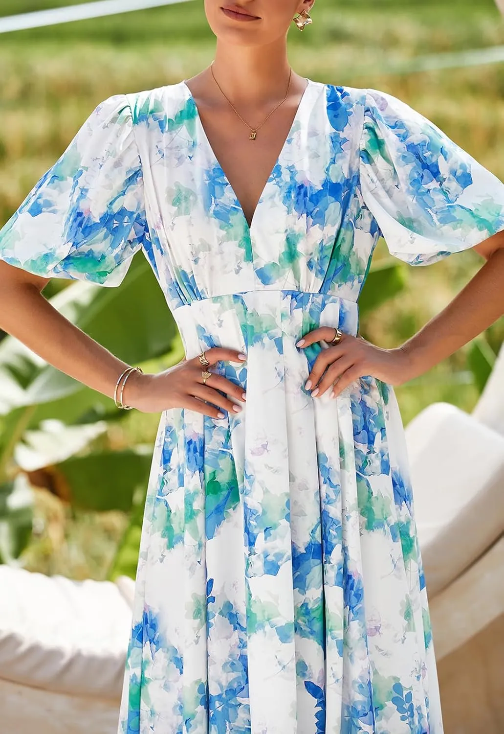 Women's Boho Floral Print Midi Dress Short Sleeve Summer Long Dress