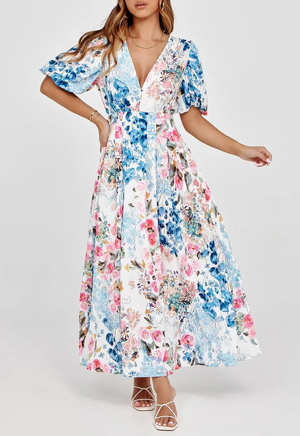 Women's Boho Floral Print Midi Dress Short Sleeve Summer Long Dress