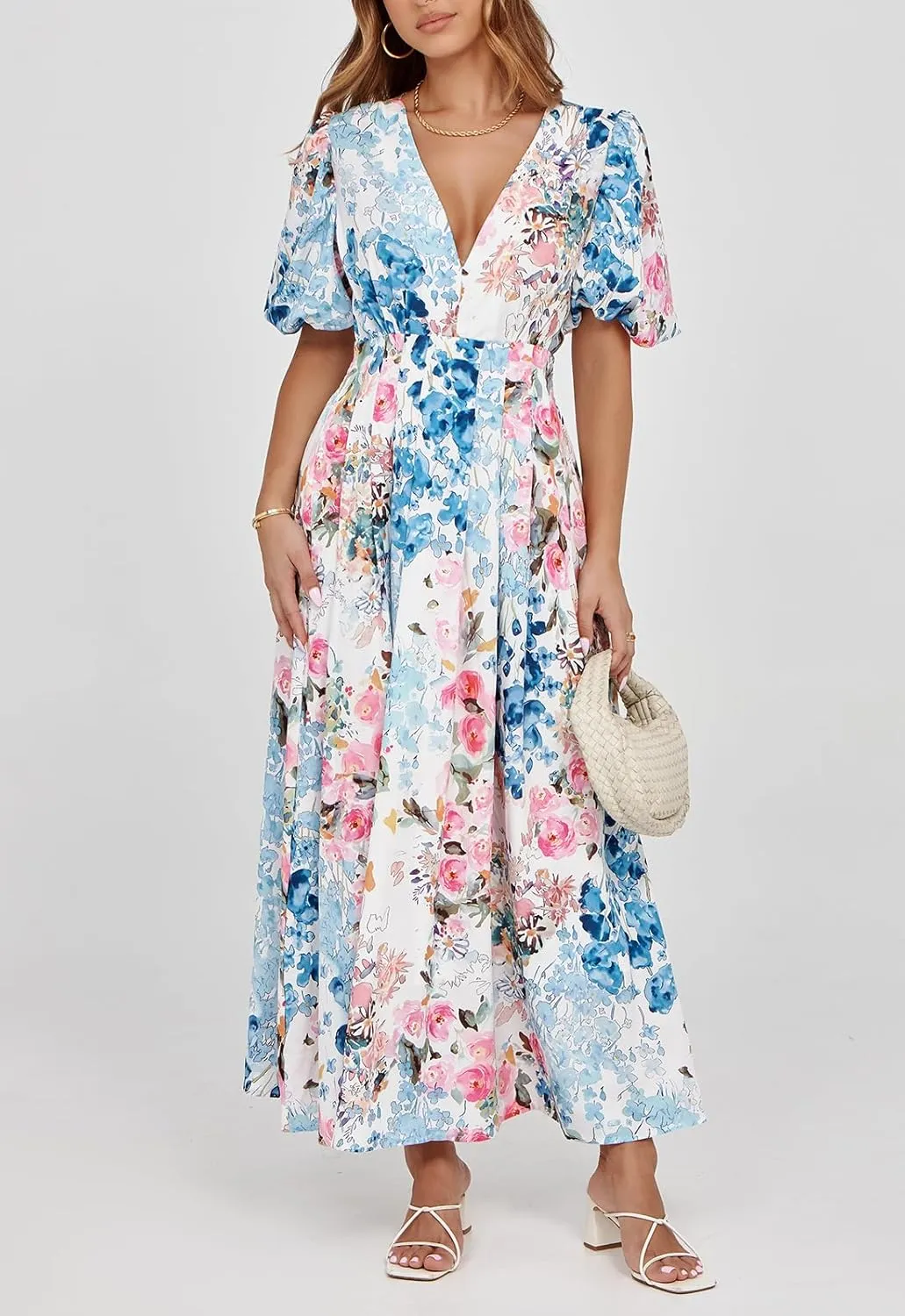 Women's Boho Floral Print Midi Dress Short Sleeve Summer Long Dress