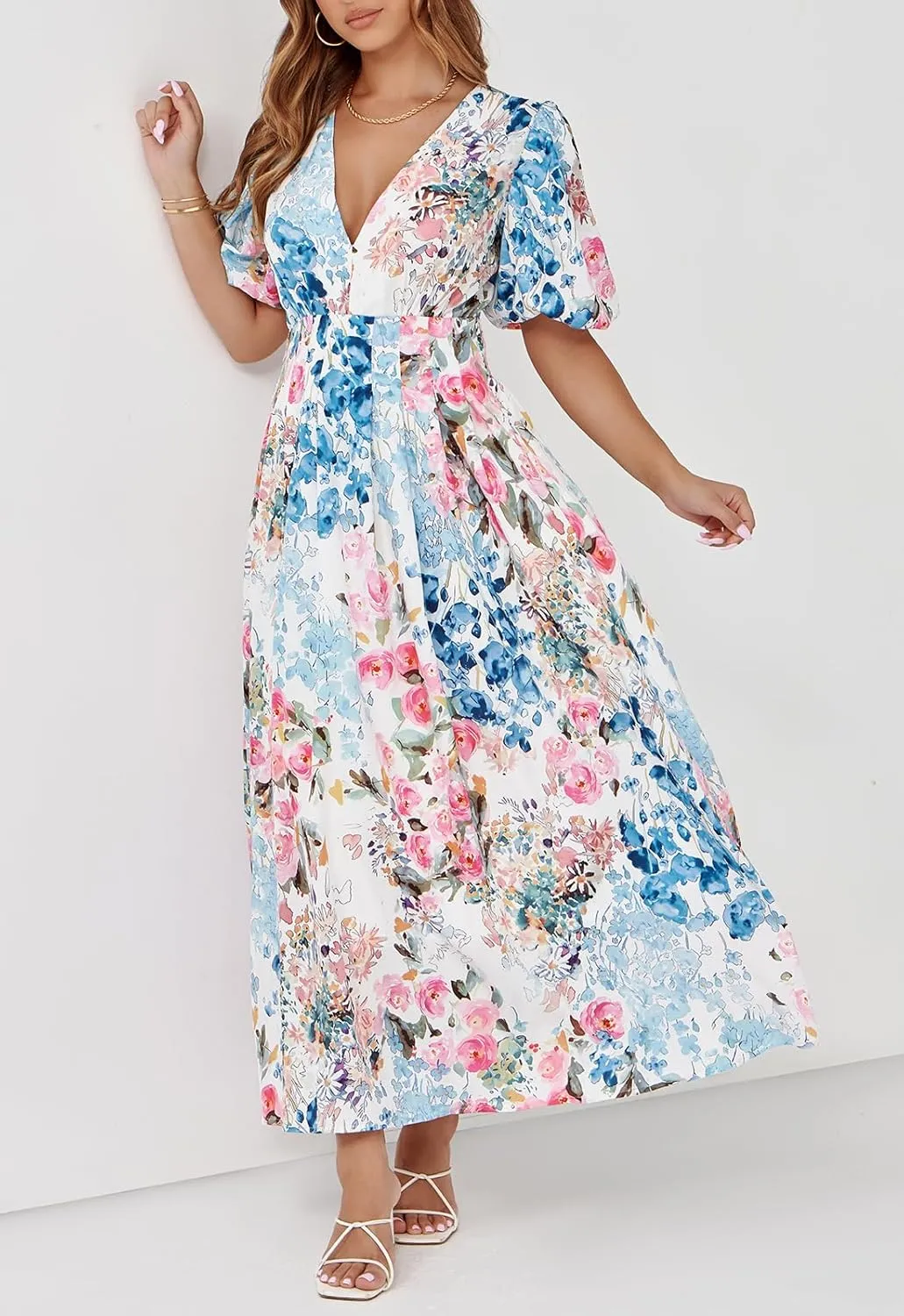 Women's Boho Floral Print Midi Dress Short Sleeve Summer Long Dress