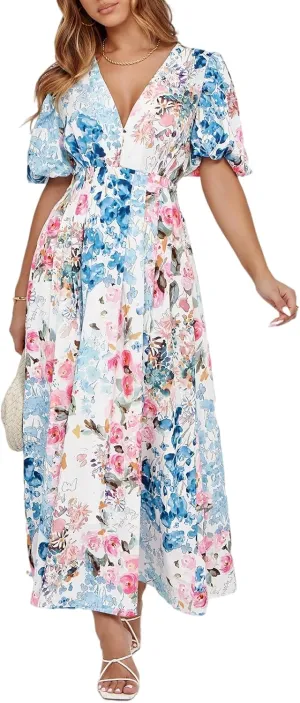 Women's Boho Floral Print Midi Dress Short Sleeve Summer Long Dress