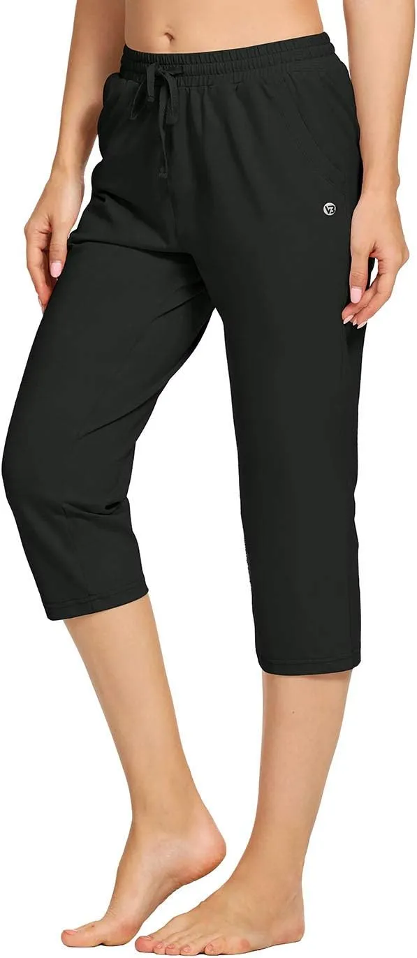 Women's Capri Pants Cotton Jersey Yoga Capris Drawstring Joggers Workout Sweatpants Loose Lounge Crop Pants Pockets