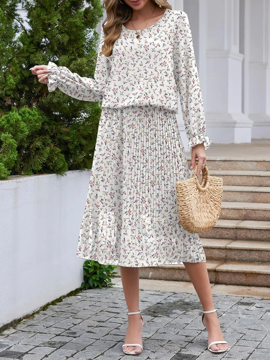 Womens Casual Midi Dress Long Sleeve Floral Chiffon A Line Flowy Beach Vacation Dresses