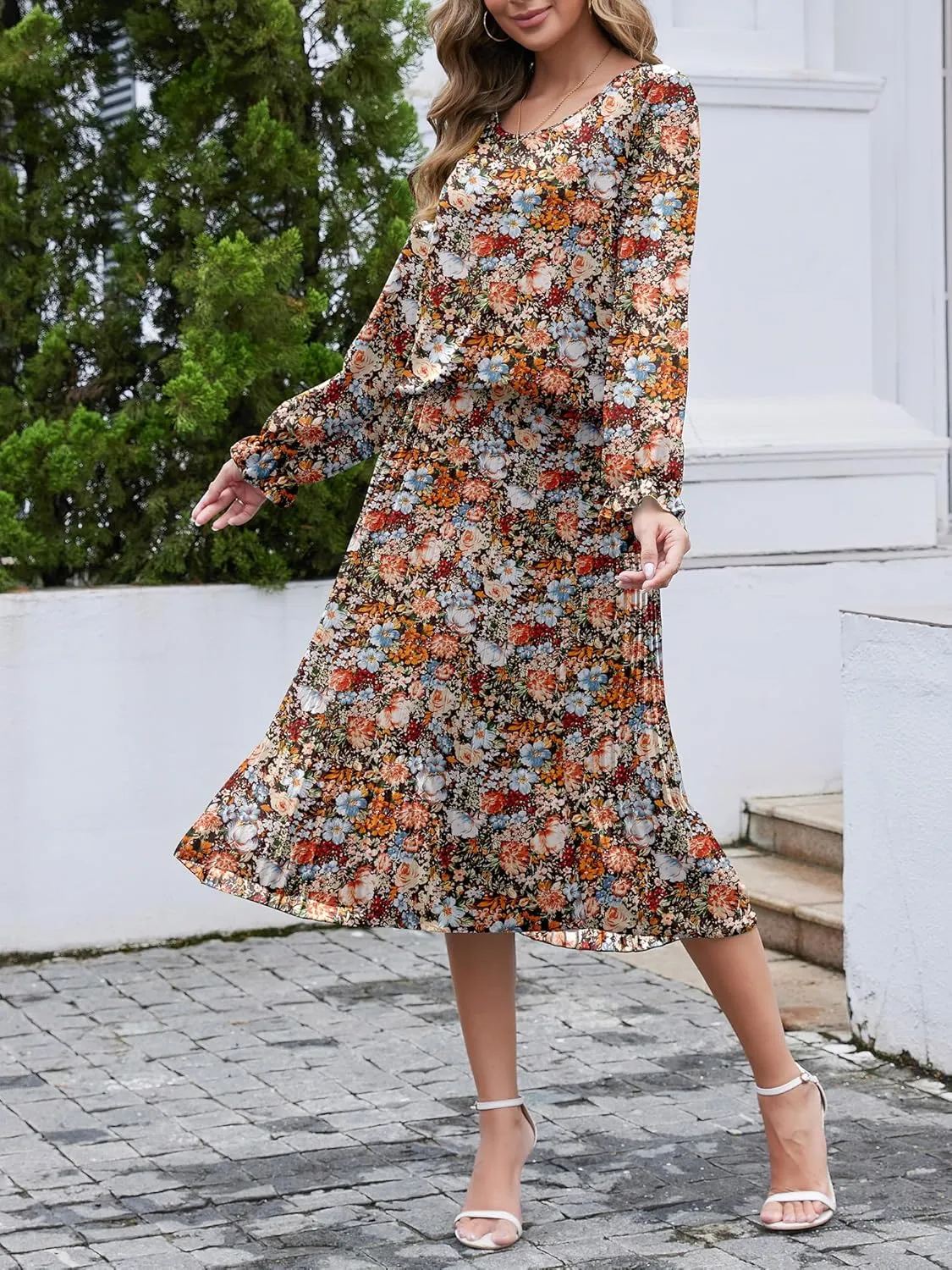 Womens Casual Midi Dress Long Sleeve Floral Chiffon A Line Flowy Beach Vacation Dresses