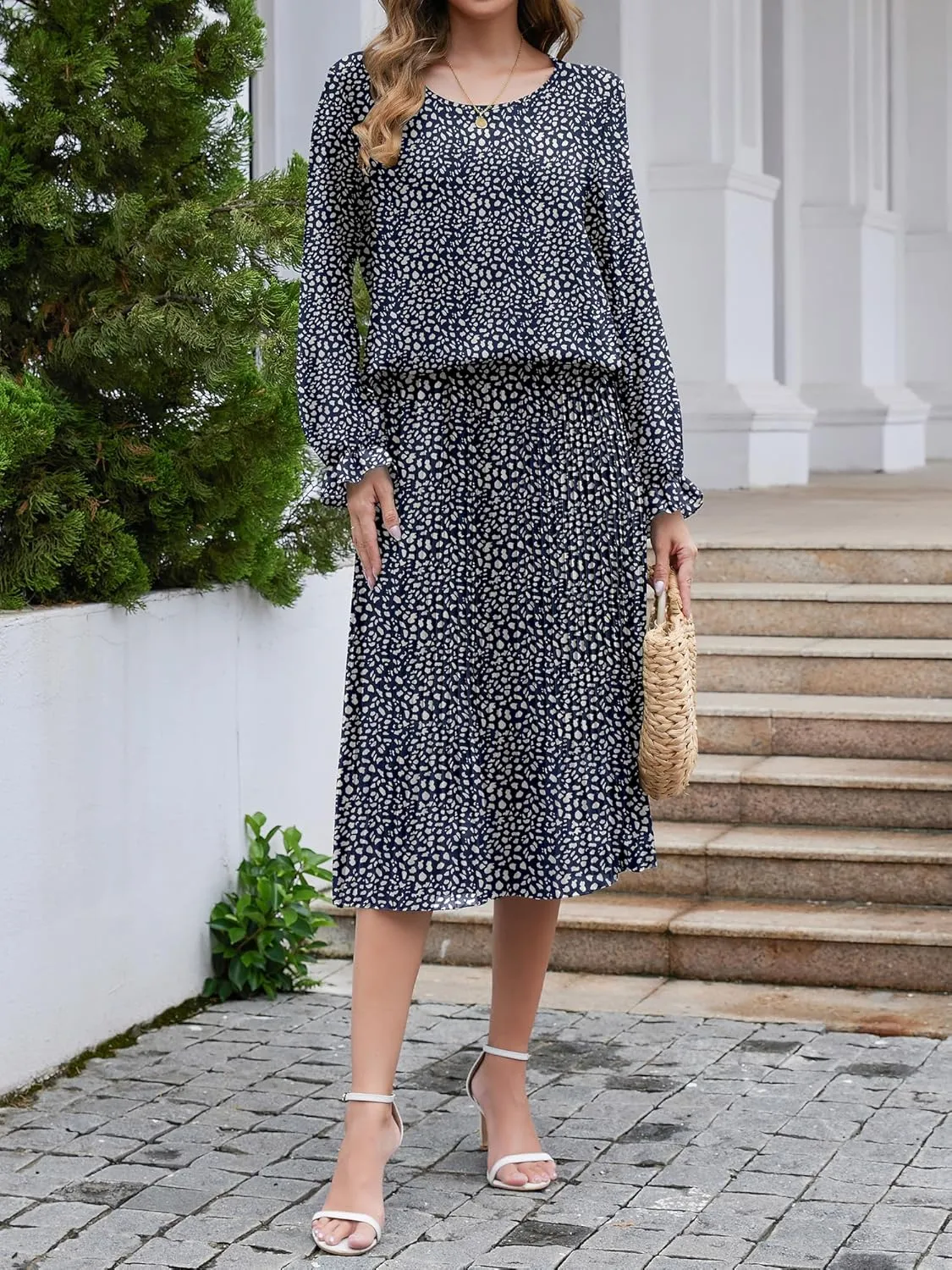 Womens Casual Midi Dress Long Sleeve Floral Chiffon A Line Flowy Beach Vacation Dresses