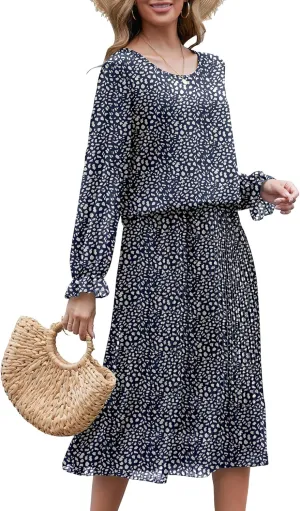 Womens Casual Midi Dress Long Sleeve Floral Chiffon A Line Flowy Beach Vacation Dresses