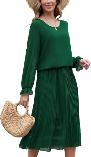 Womens Casual Midi Dress Long Sleeve Floral Chiffon A Line Flowy Beach Vacation Dresses