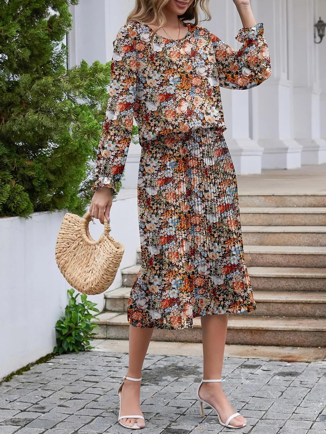 Womens Casual Midi Dress Long Sleeve Floral Chiffon A Line Flowy Beach Vacation Dresses