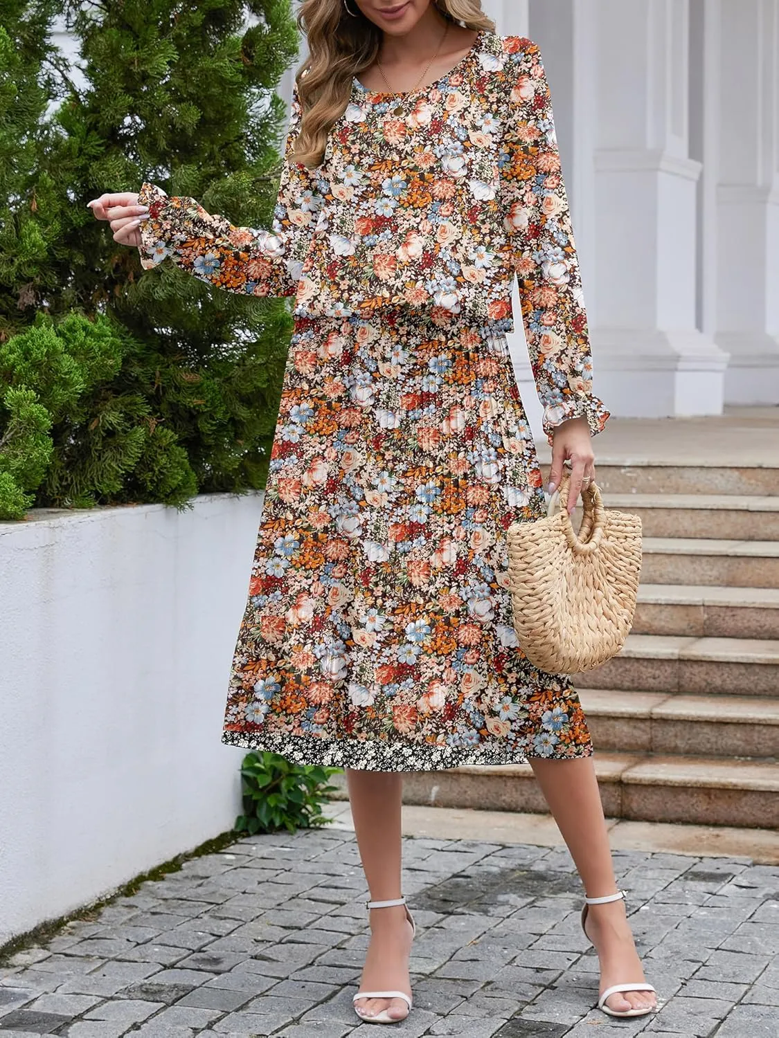 Womens Casual Midi Dress Long Sleeve Floral Chiffon A Line Flowy Beach Vacation Dresses