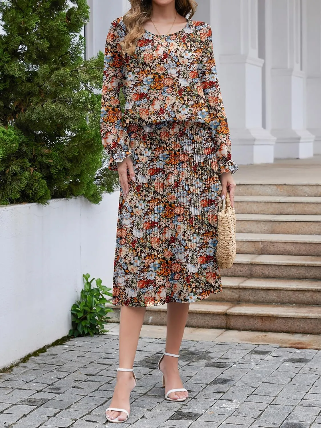 Womens Casual Midi Dress Long Sleeve Floral Chiffon A Line Flowy Beach Vacation Dresses