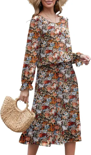 Womens Casual Midi Dress Long Sleeve Floral Chiffon A Line Flowy Beach Vacation Dresses