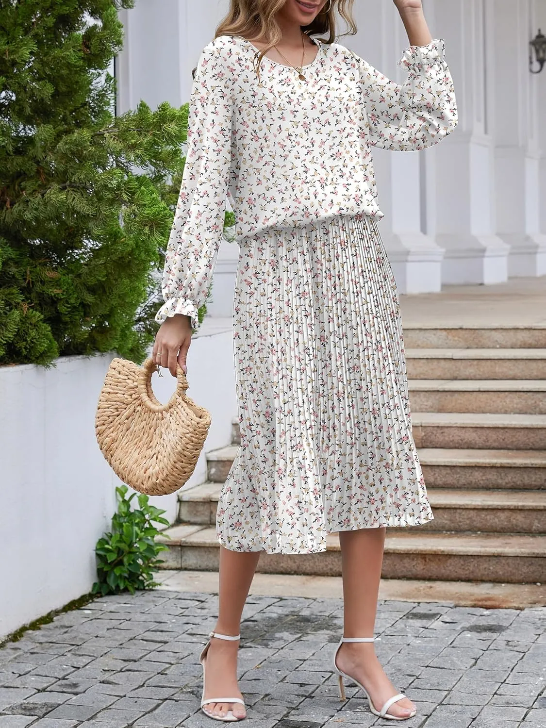 Womens Casual Midi Dress Long Sleeve Floral Chiffon A Line Flowy Beach Vacation Dresses