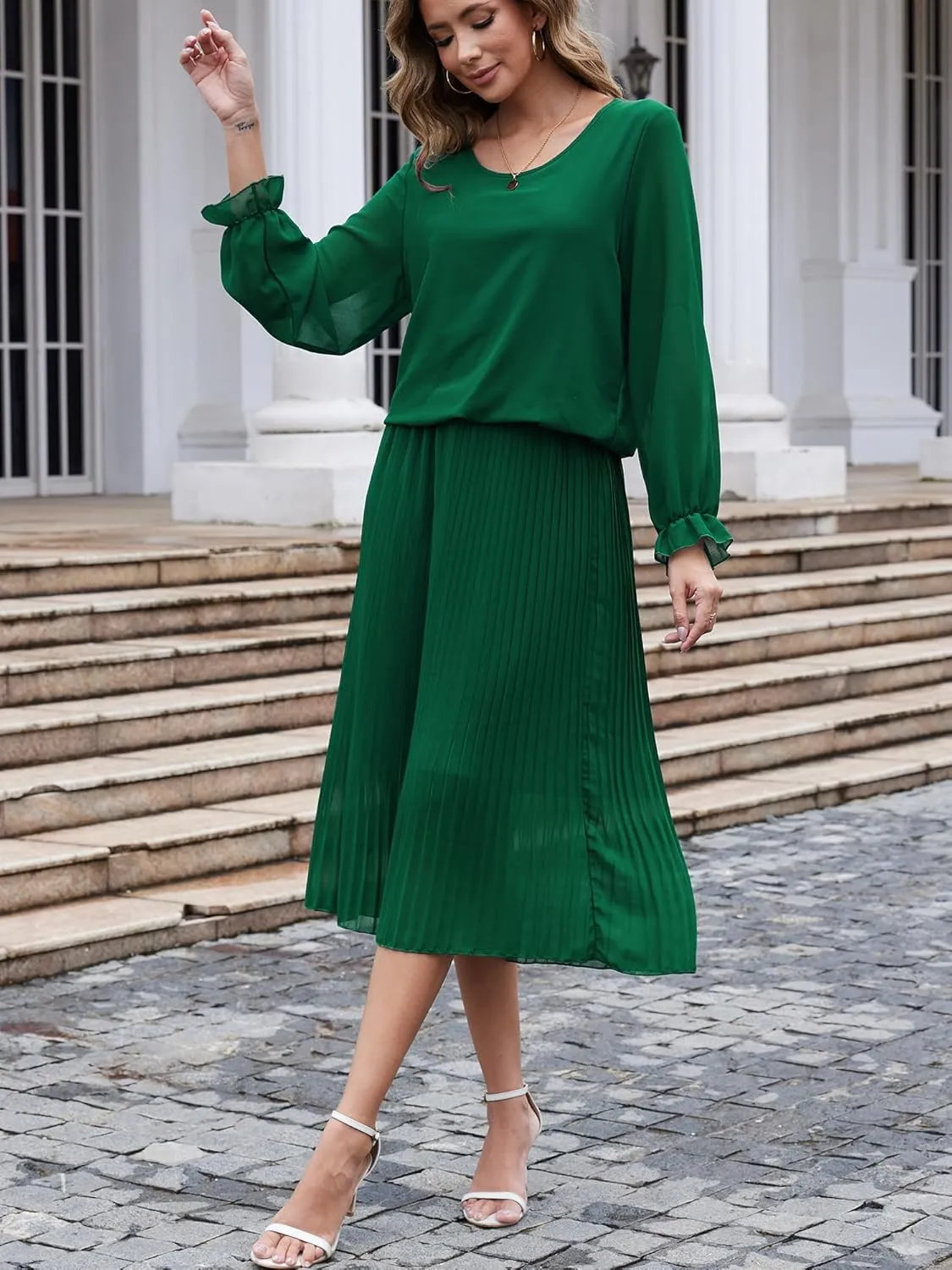 Womens Casual Midi Dress Long Sleeve Floral Chiffon A Line Flowy Beach Vacation Dresses