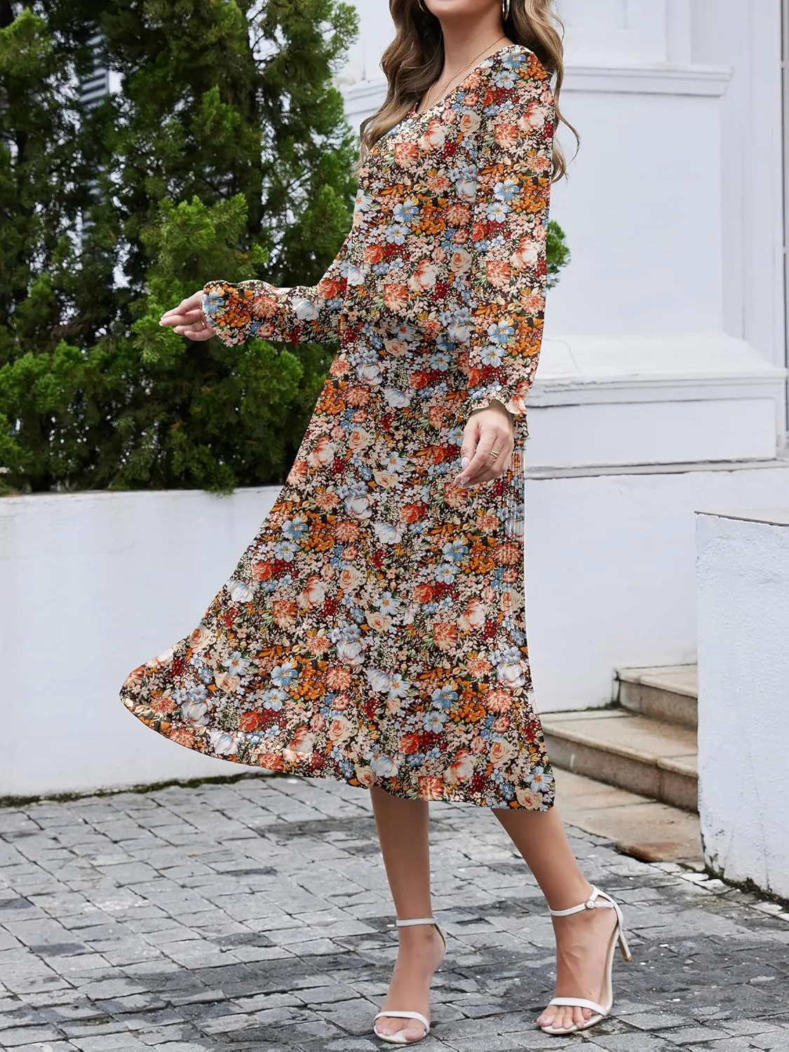 Womens Casual Midi Dress Long Sleeve Floral Chiffon A Line Flowy Beach Vacation Dresses