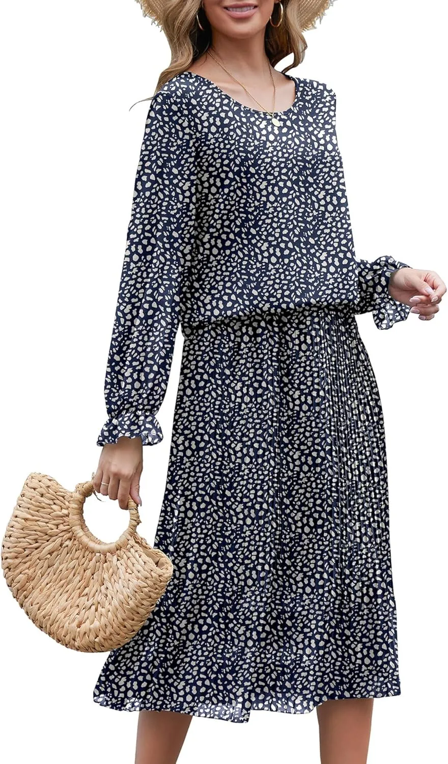 Womens Casual Midi Dress Long Sleeve Floral Chiffon A Line Flowy Beach Vacation Dresses