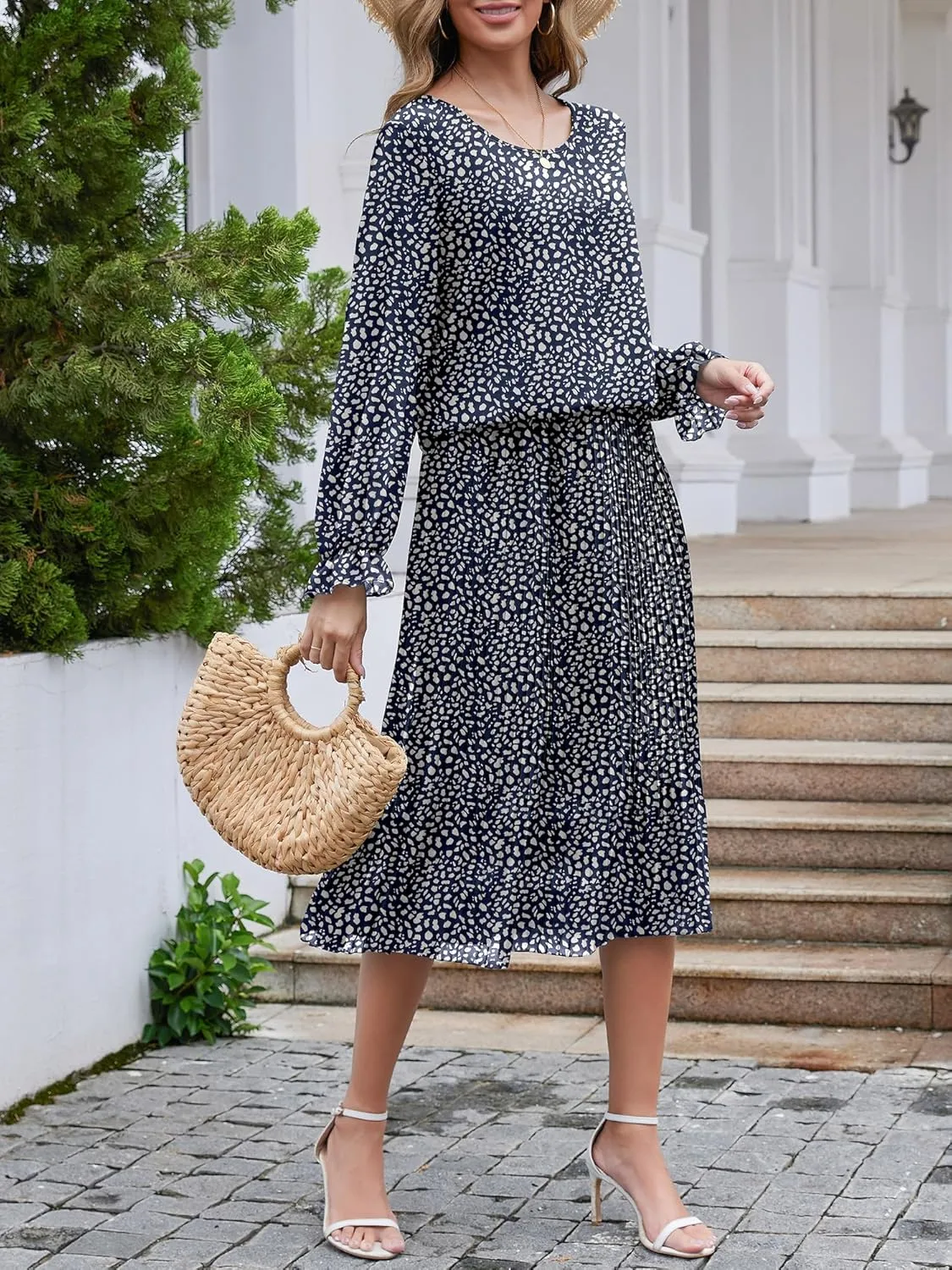Womens Casual Midi Dress Long Sleeve Floral Chiffon A Line Flowy Beach Vacation Dresses