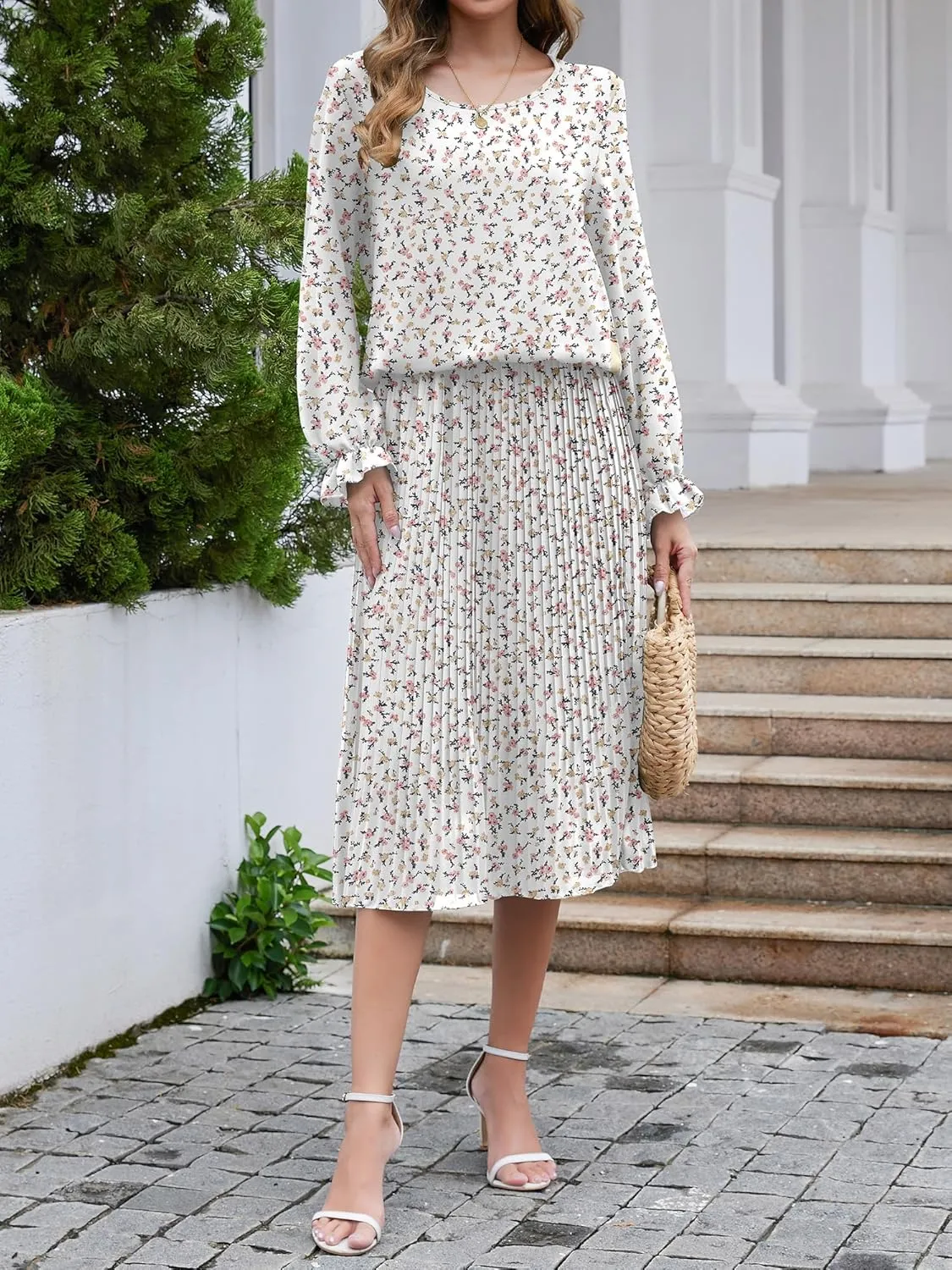 Womens Casual Midi Dress Long Sleeve Floral Chiffon A Line Flowy Beach Vacation Dresses