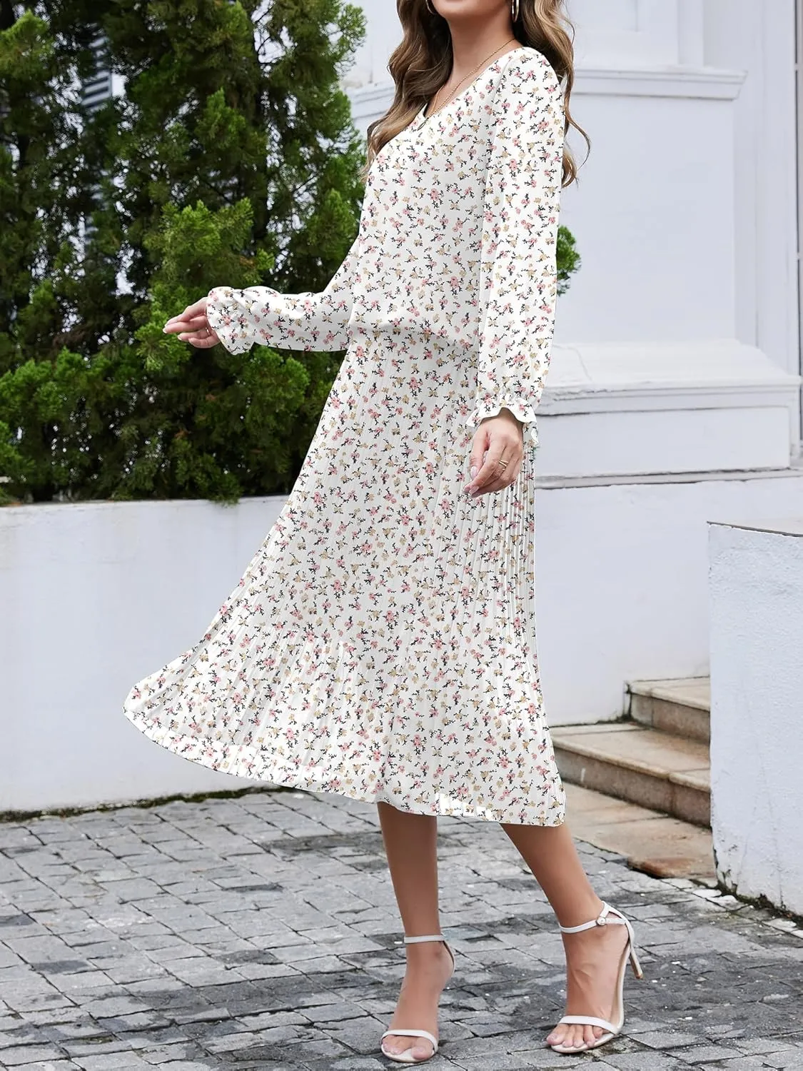 Womens Casual Midi Dress Long Sleeve Floral Chiffon A Line Flowy Beach Vacation Dresses
