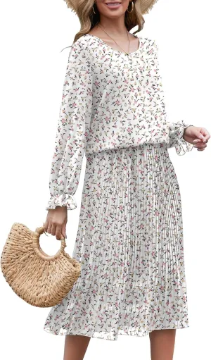 Womens Casual Midi Dress Long Sleeve Floral Chiffon A Line Flowy Beach Vacation Dresses
