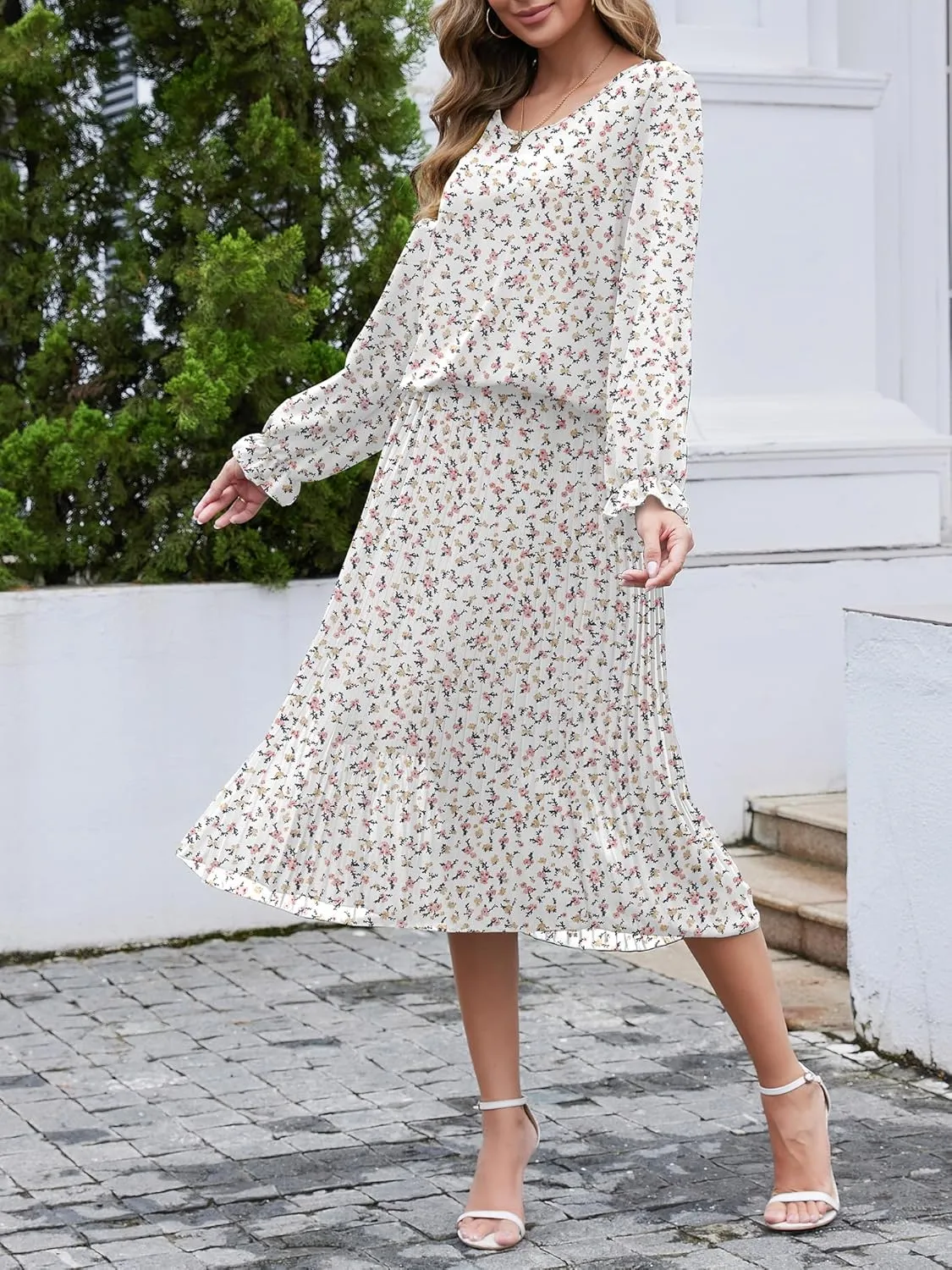Womens Casual Midi Dress Long Sleeve Floral Chiffon A Line Flowy Beach Vacation Dresses
