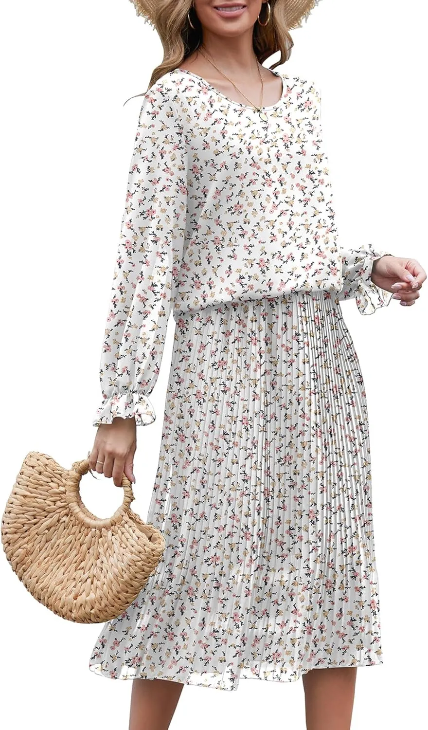 Womens Casual Midi Dress Long Sleeve Floral Chiffon A Line Flowy Beach Vacation Dresses