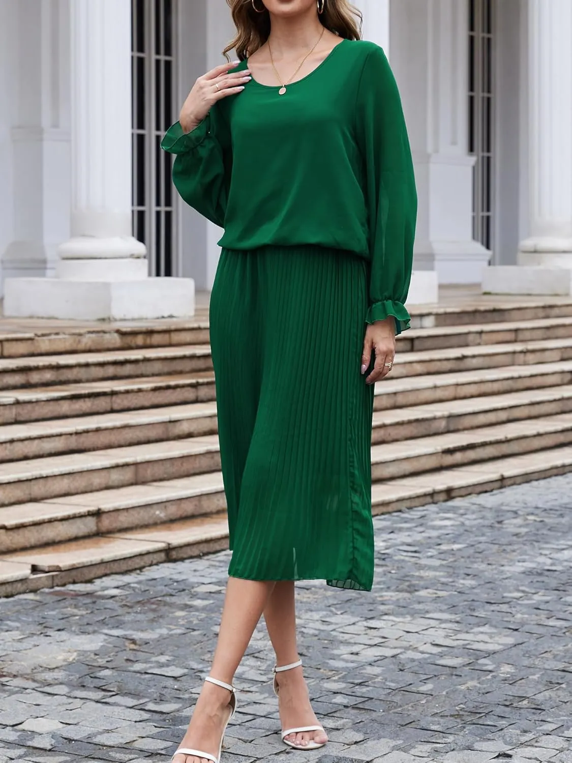 Womens Casual Midi Dress Long Sleeve Floral Chiffon A Line Flowy Beach Vacation Dresses