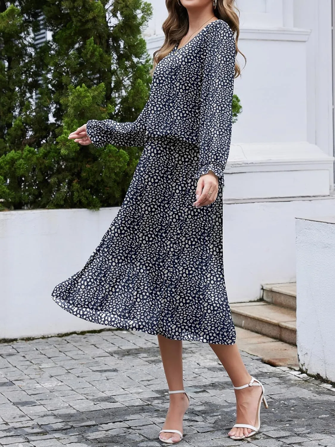 Womens Casual Midi Dress Long Sleeve Floral Chiffon A Line Flowy Beach Vacation Dresses