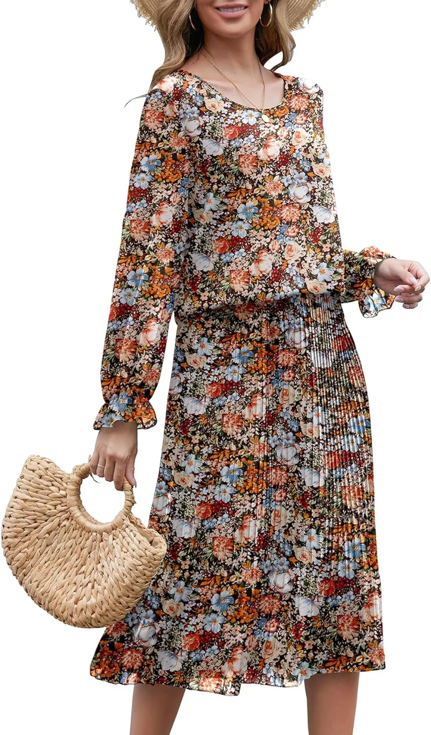Womens Casual Midi Dress Long Sleeve Floral Chiffon A Line Flowy Beach Vacation Dresses