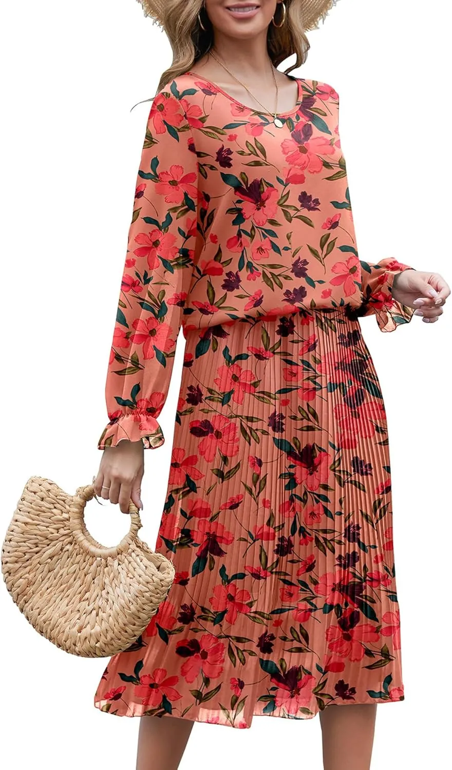 Womens Casual Midi Dress Long Sleeve Floral Chiffon A Line Flowy Beach Vacation Dresses