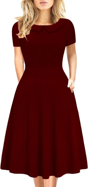 Women's Elegant Vintage Cotton Casual Floral Print Work Party Peter Pan Collar A-Line Dress with Pockets 978