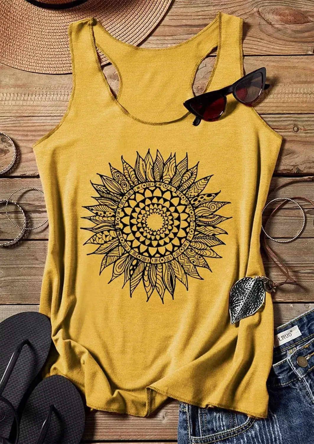 Womens Mandala Vintage Graphic Racerback Tank Tops Summer Casual Loose O-Neck Tanks Vest Vacation Classic-Fit Shirt Cami