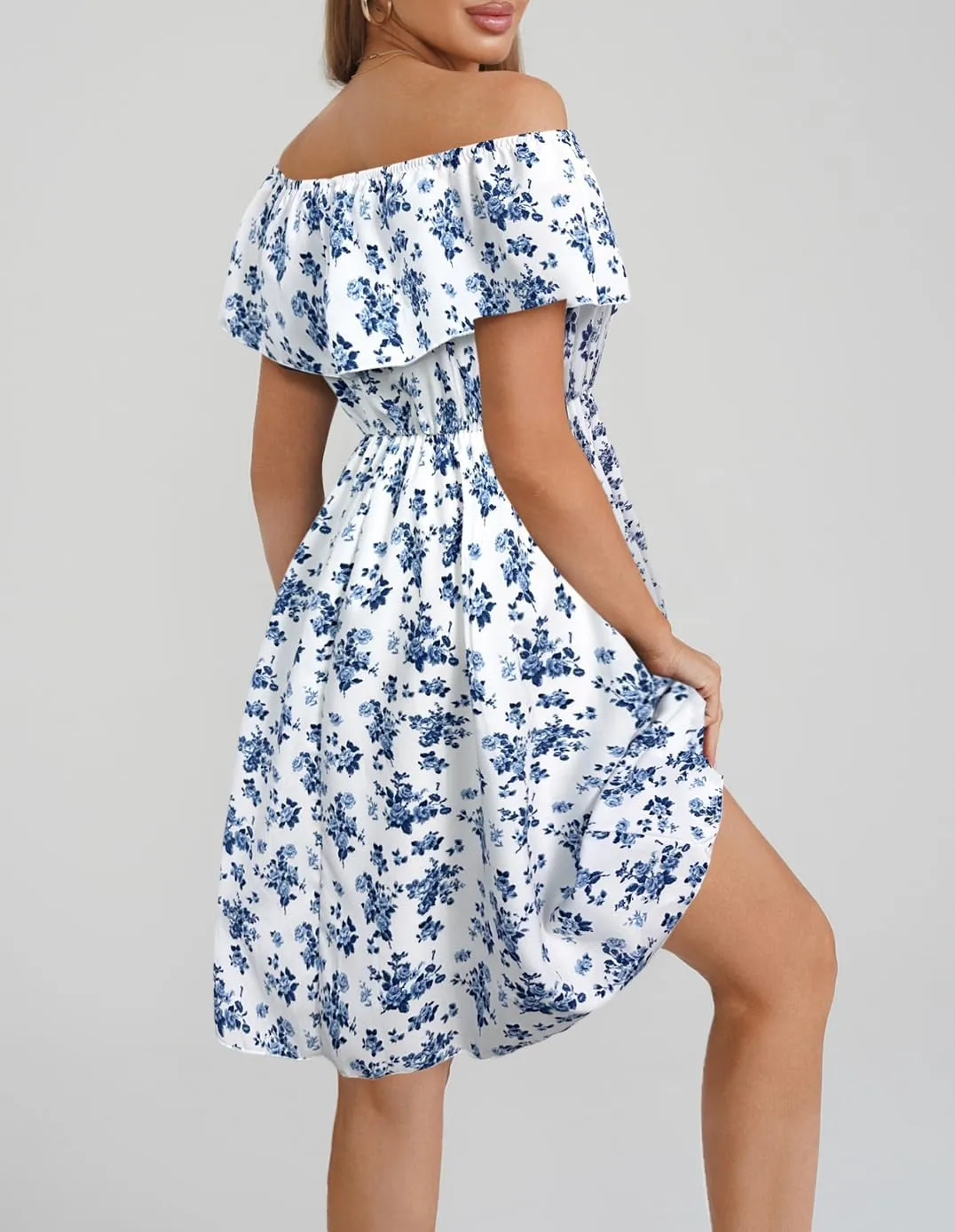 Womens Off Shoulder Ruffle Floral Wedding Guest Dresses A Line Shift Short Skater Dress