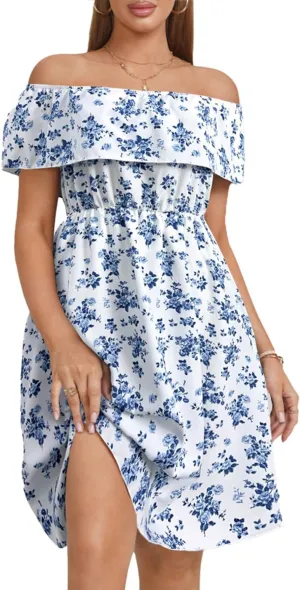 Womens Off Shoulder Ruffle Floral Wedding Guest Dresses A Line Shift Short Skater Dress