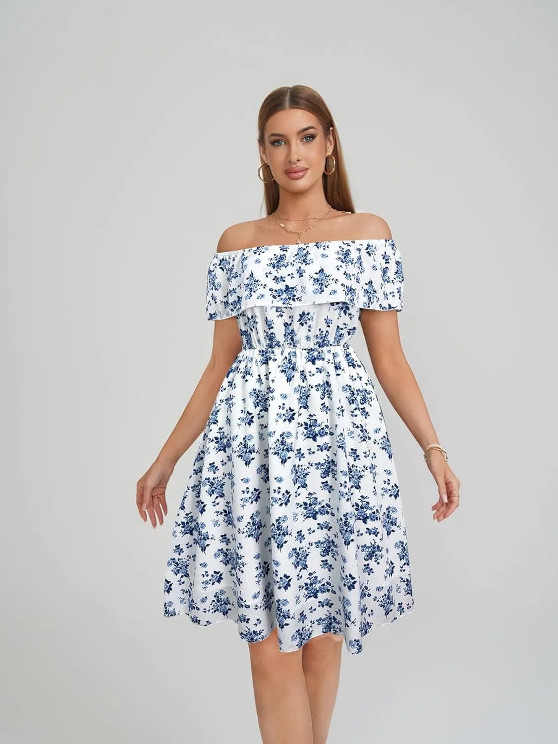 Womens Off Shoulder Ruffle Floral Wedding Guest Dresses A Line Shift Short Skater Dress