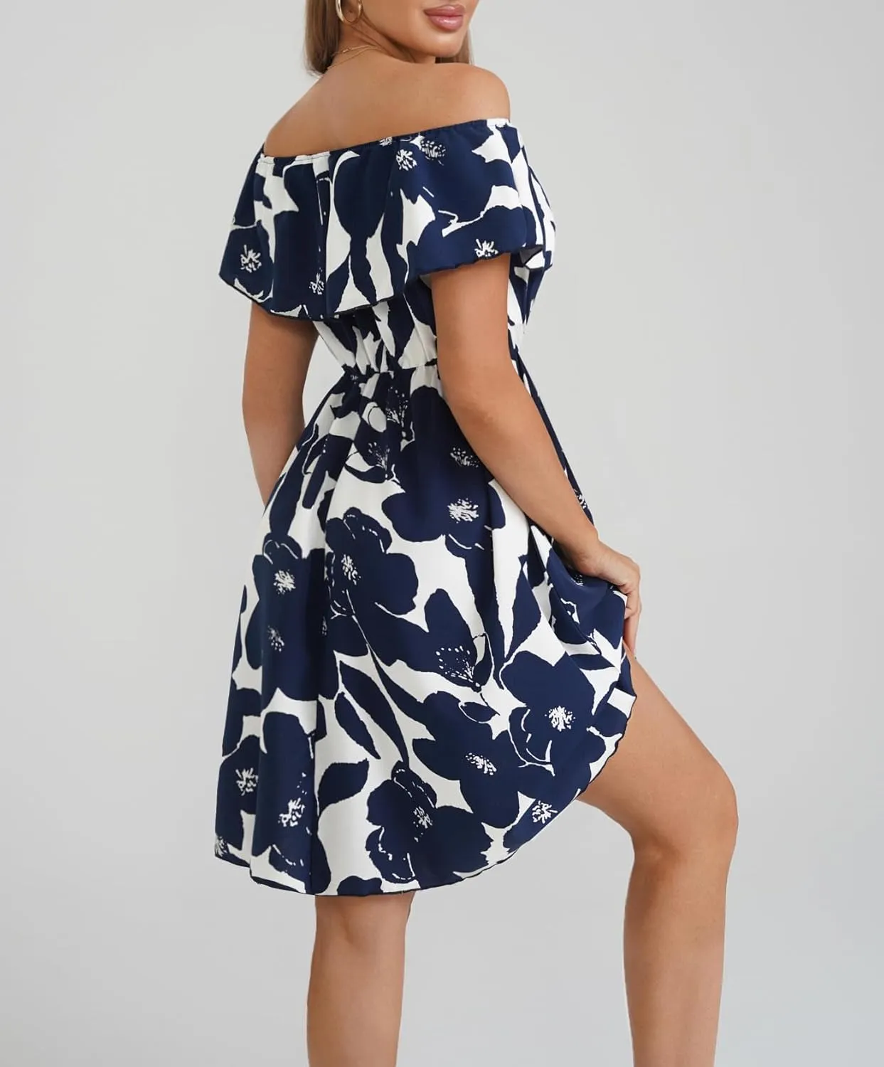 Womens Off Shoulder Ruffle Floral Wedding Guest Dresses A Line Shift Short Skater Dress