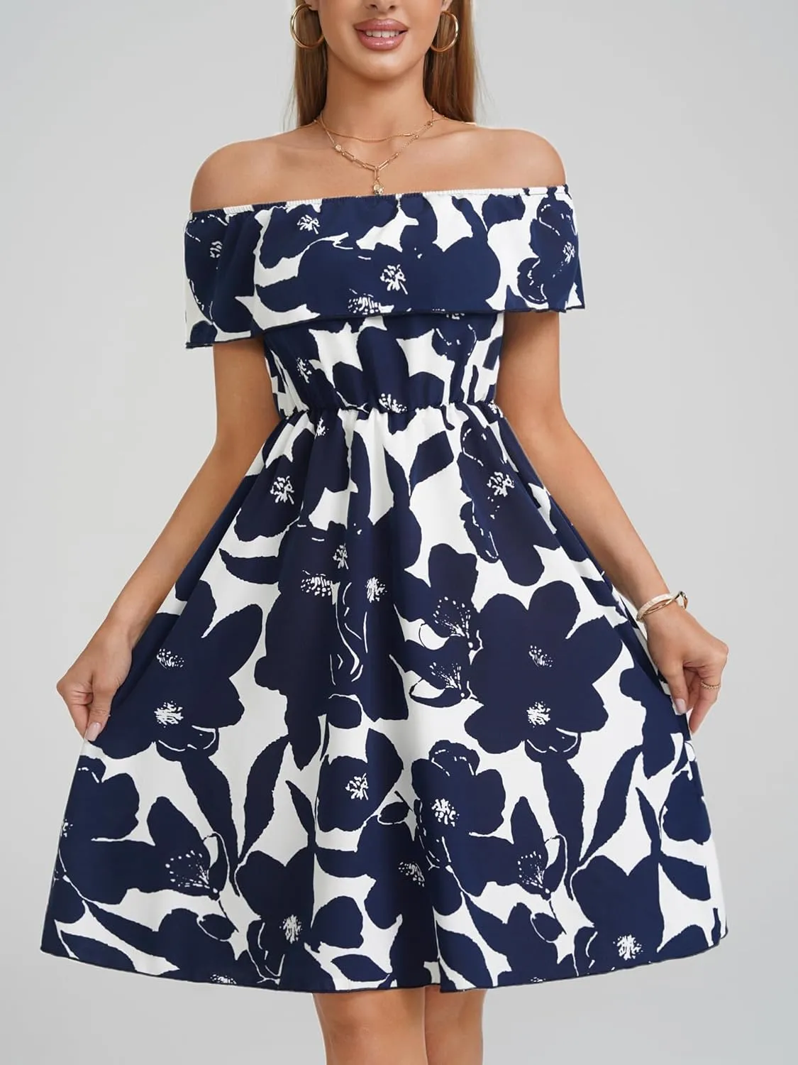 Womens Off Shoulder Ruffle Floral Wedding Guest Dresses A Line Shift Short Skater Dress