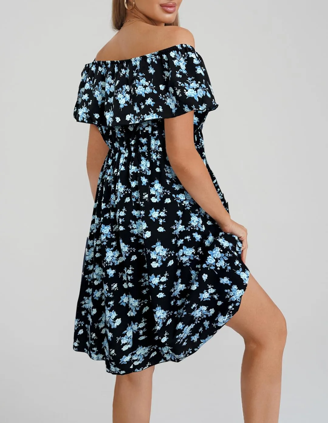 Womens Off Shoulder Ruffle Floral Wedding Guest Dresses A Line Shift Short Skater Dress