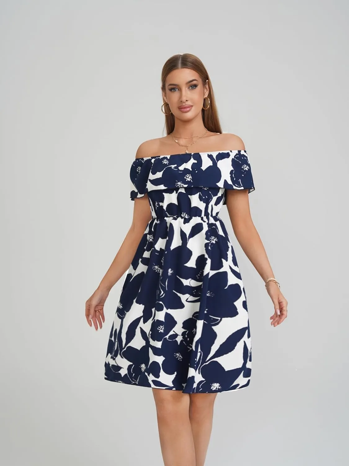 Womens Off Shoulder Ruffle Floral Wedding Guest Dresses A Line Shift Short Skater Dress