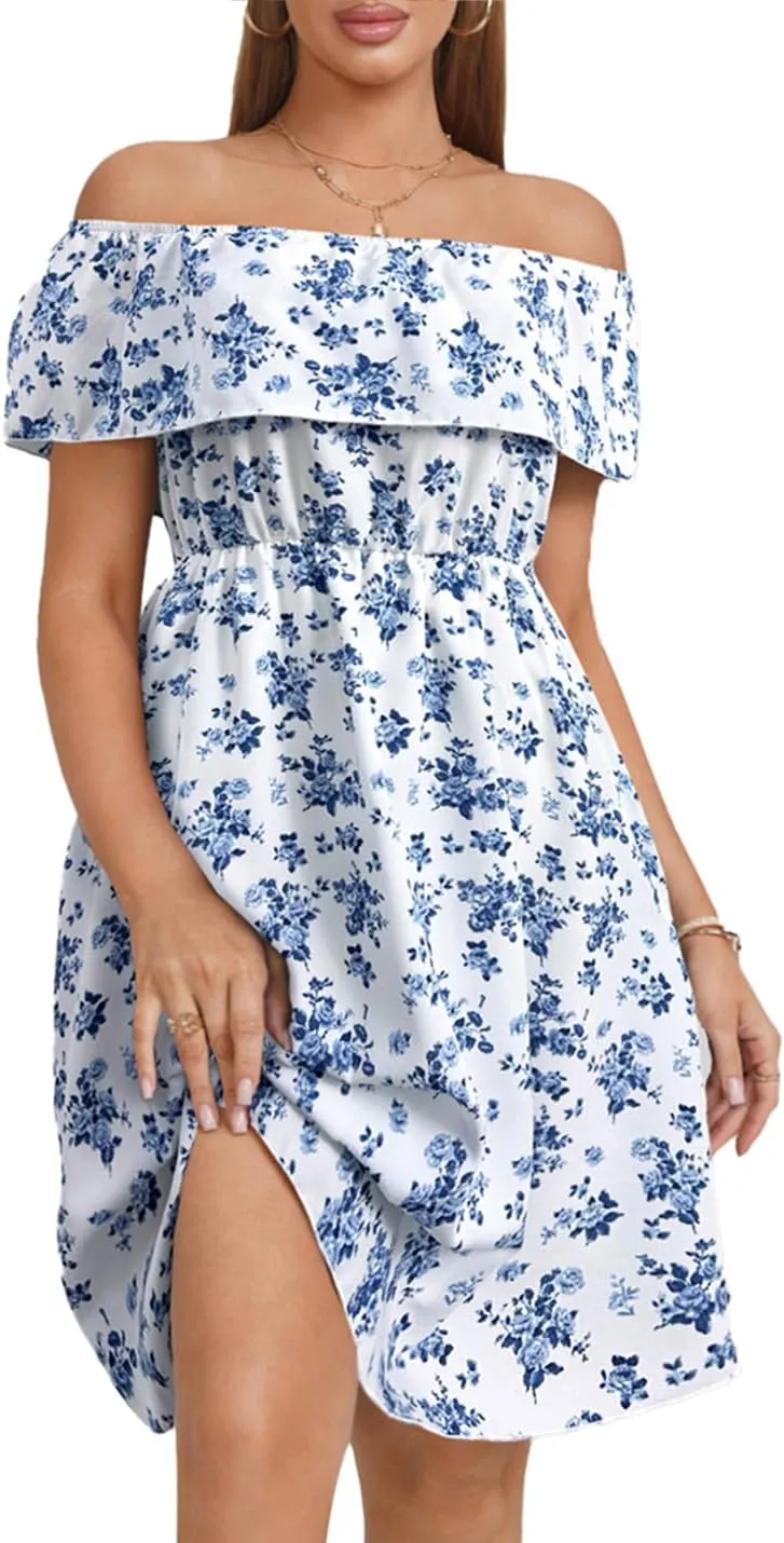 Womens Off Shoulder Ruffle Floral Wedding Guest Dresses A Line Shift Short Skater Dress