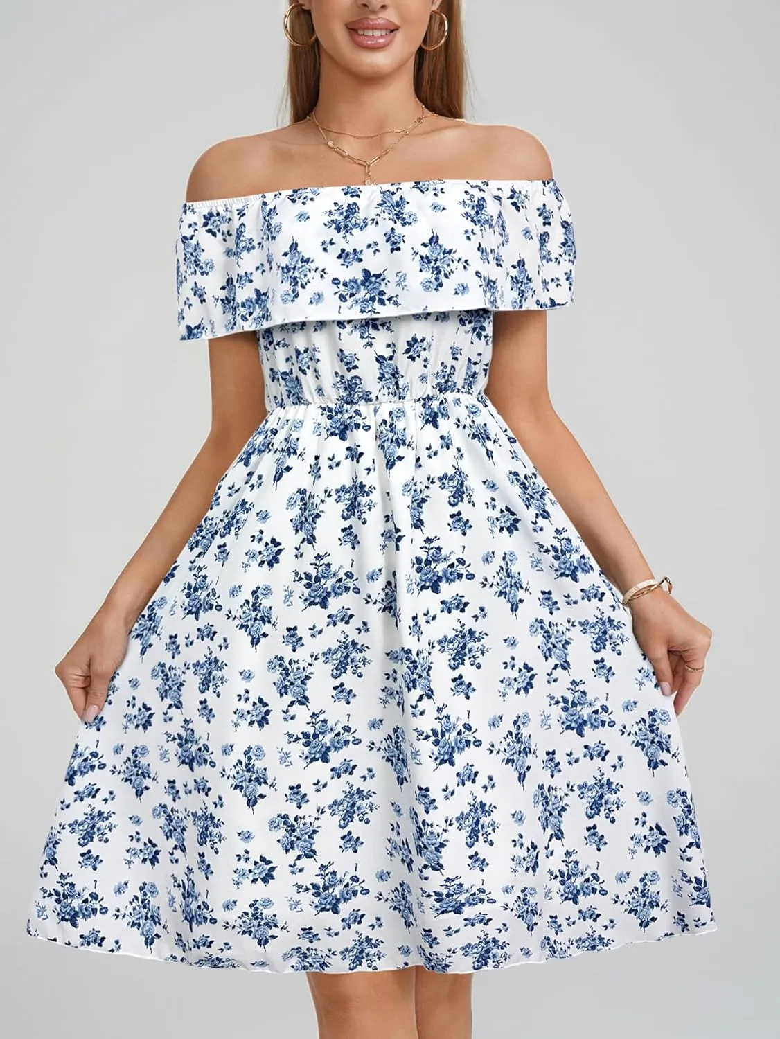 Womens Off Shoulder Ruffle Floral Wedding Guest Dresses A Line Shift Short Skater Dress