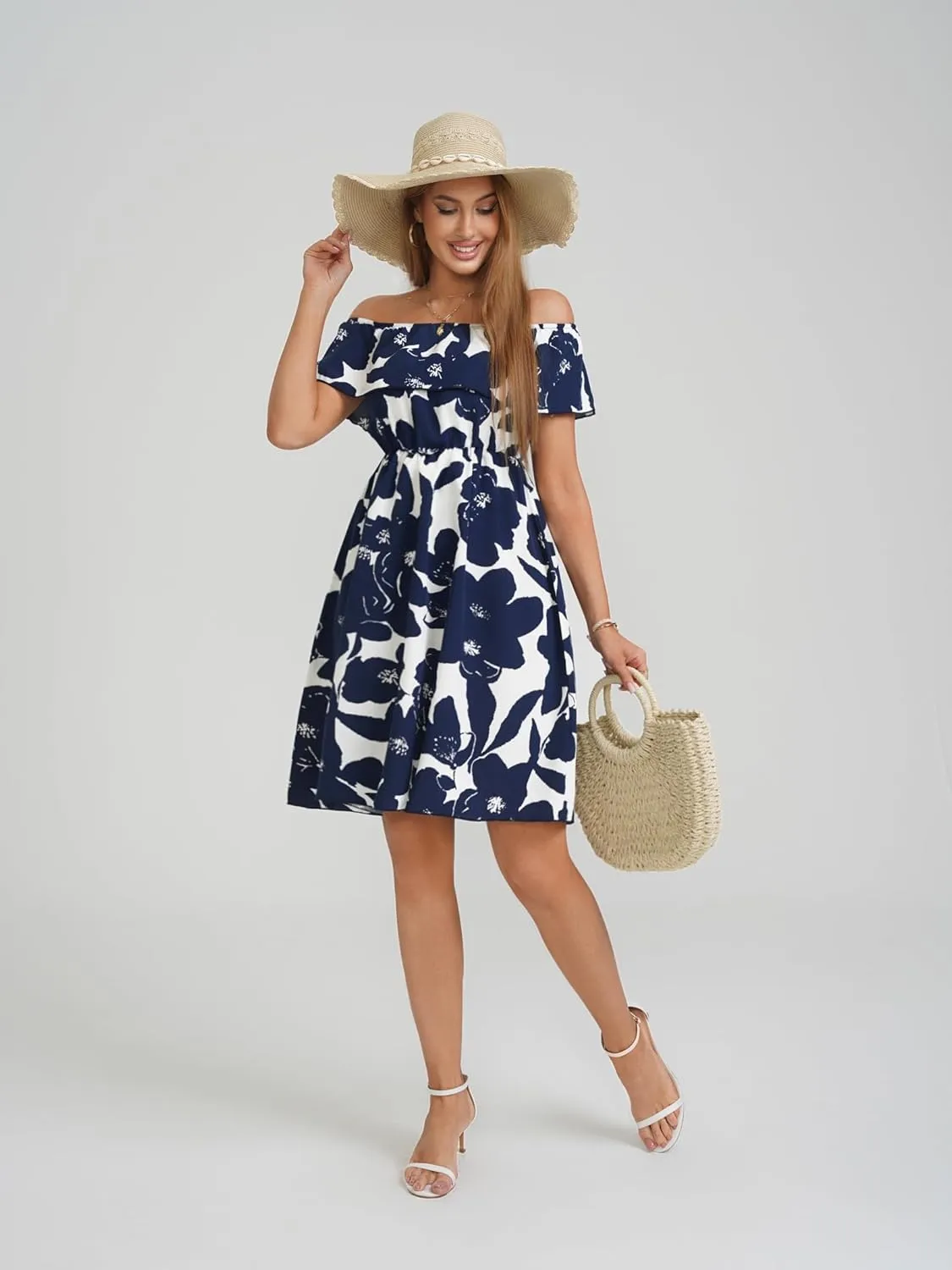 Womens Off Shoulder Ruffle Floral Wedding Guest Dresses A Line Shift Short Skater Dress
