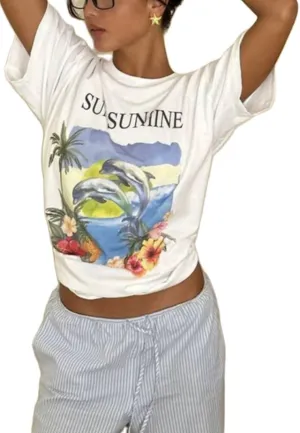 Womens Oversized Vintage Flower Tshirts Preppy Western Graphic Tees Tops Y2k Ocean Coastal Summer Beachy T Shirts