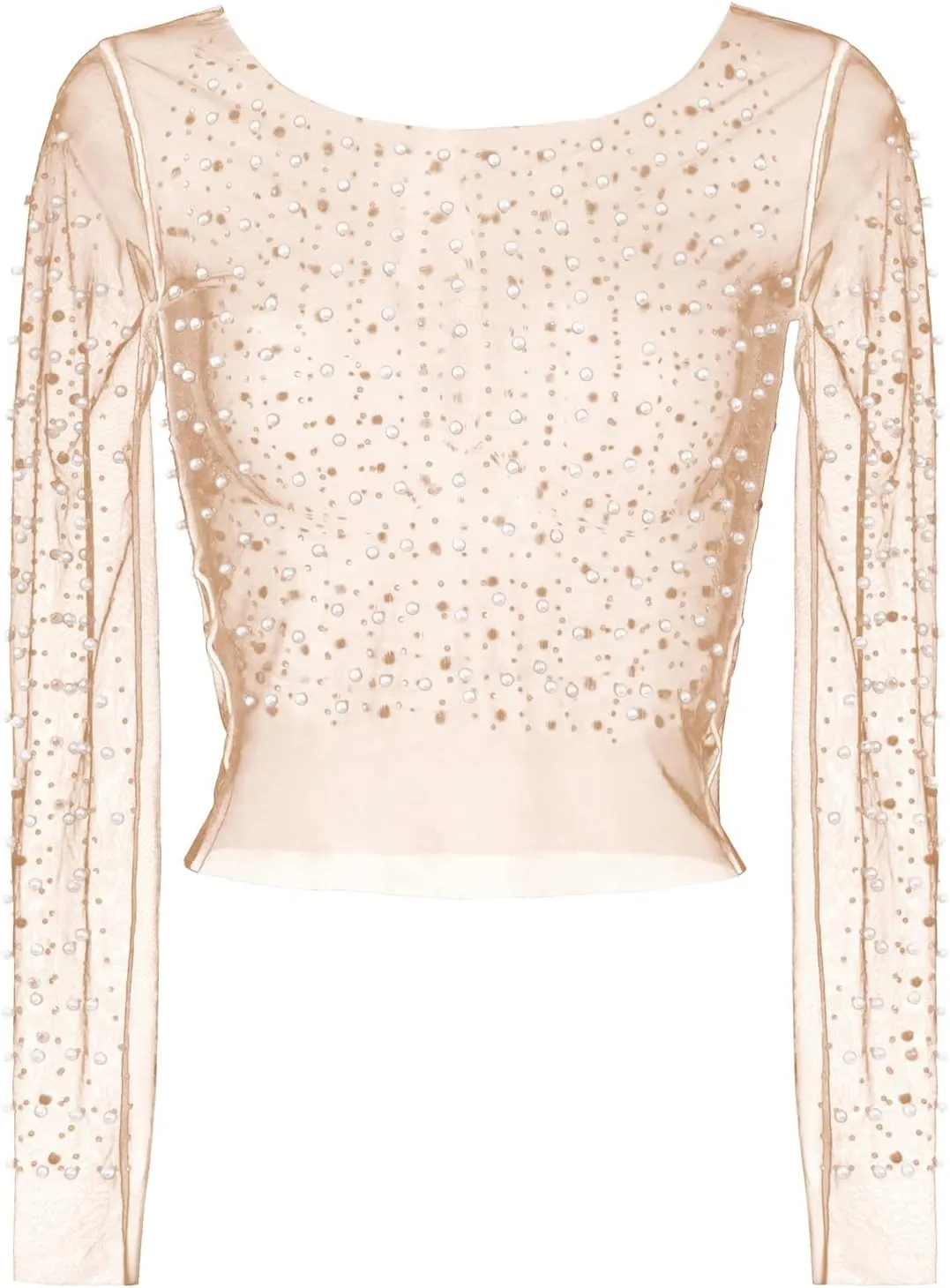 Women's Pearl Rhinestone See Through Long Sleeve Mesh Blouse One Piece Cover Up Halloween Festival Crop Top