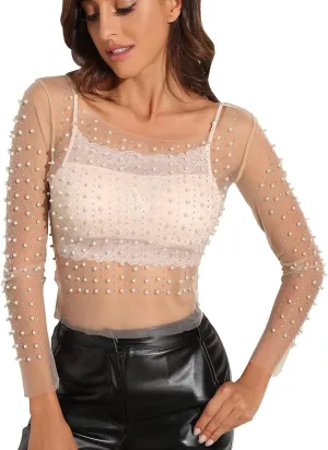 Women's Pearl Rhinestone See Through Long Sleeve Mesh Blouse One Piece Cover Up Halloween Festival Crop Top