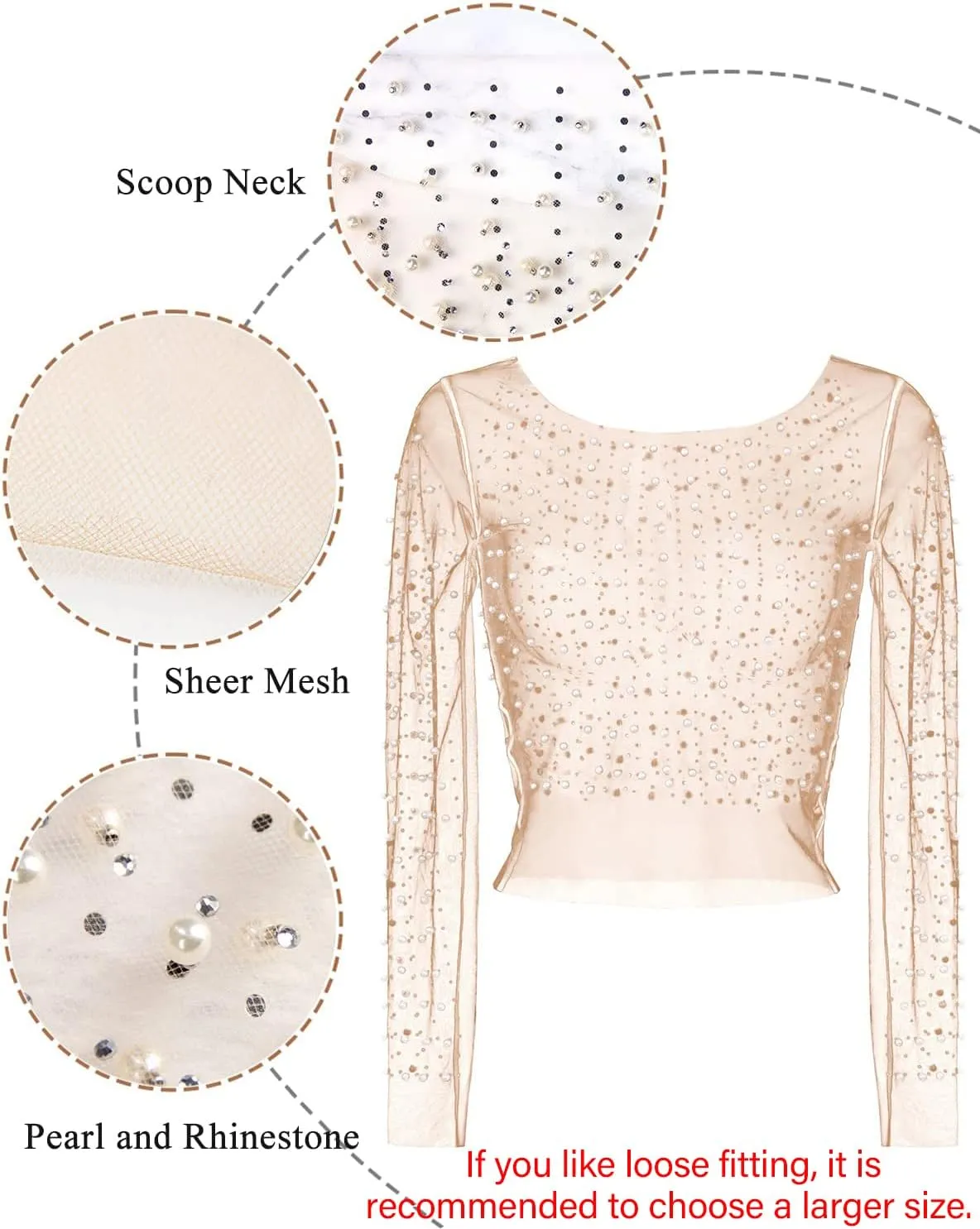 Women's Pearl Rhinestone See Through Long Sleeve Mesh Blouse One Piece Cover Up Halloween Festival Crop Top
